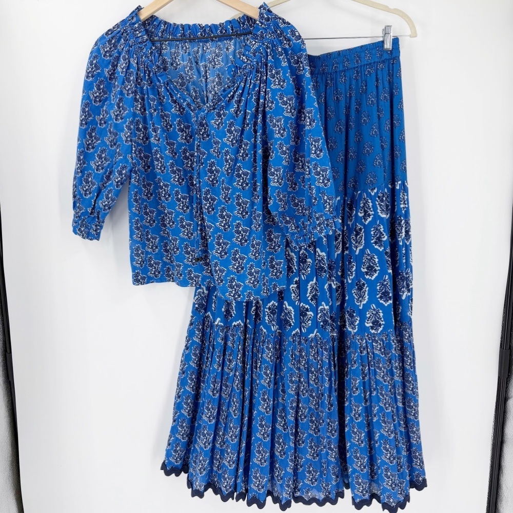 Ro's Garden Cotton Maxi Skirt & Blouse Set M Inida Garden Floral Tiered Peasant